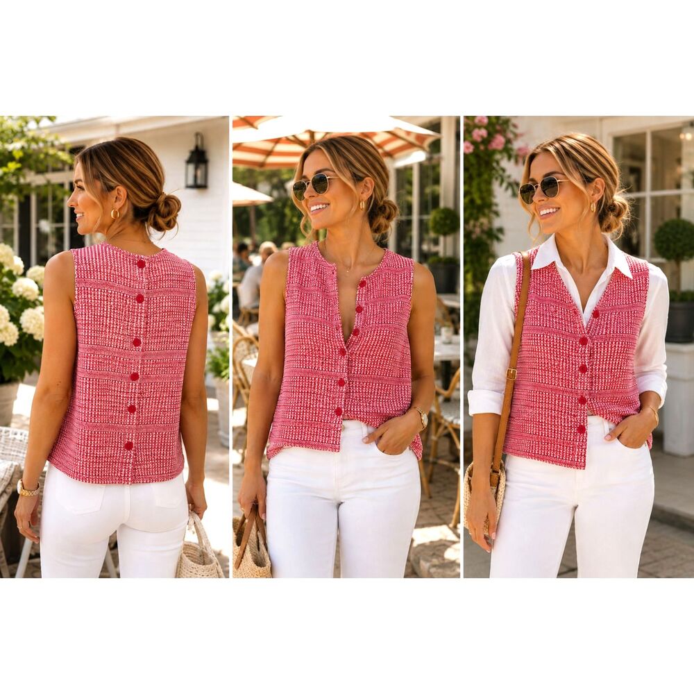 Preppy, Knit Tank Top, Red White, Texture Button Front or Back, Medium